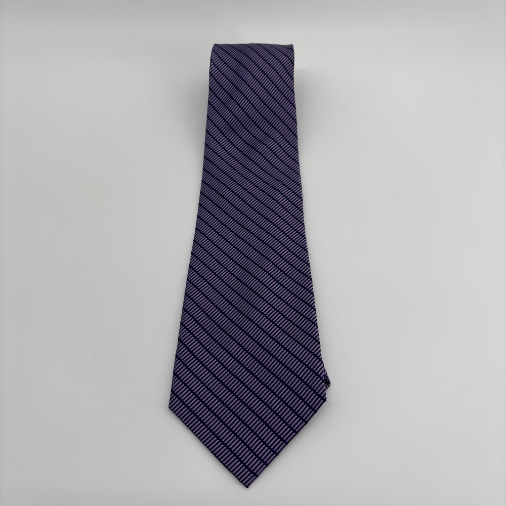 Nautica Mens 100% Silk Necktie Purple Navy Blue Geometric Striped Classic Tie
